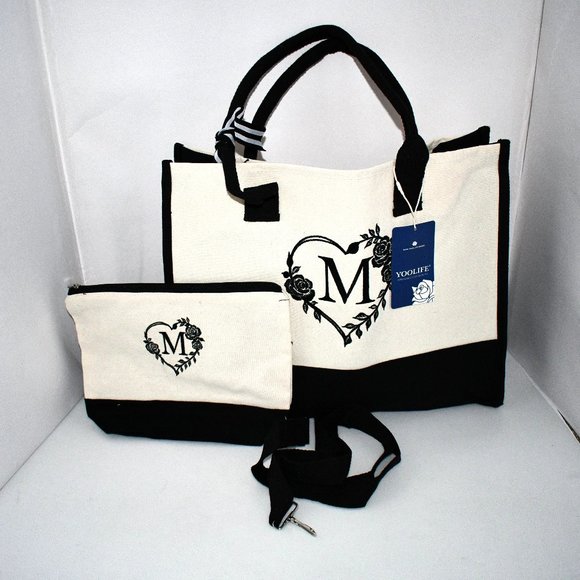 YOOLIFE Initial Canvas Tote Bag & Makeup Bag Set  Monogram “M” NWT - Picture 1 of 2